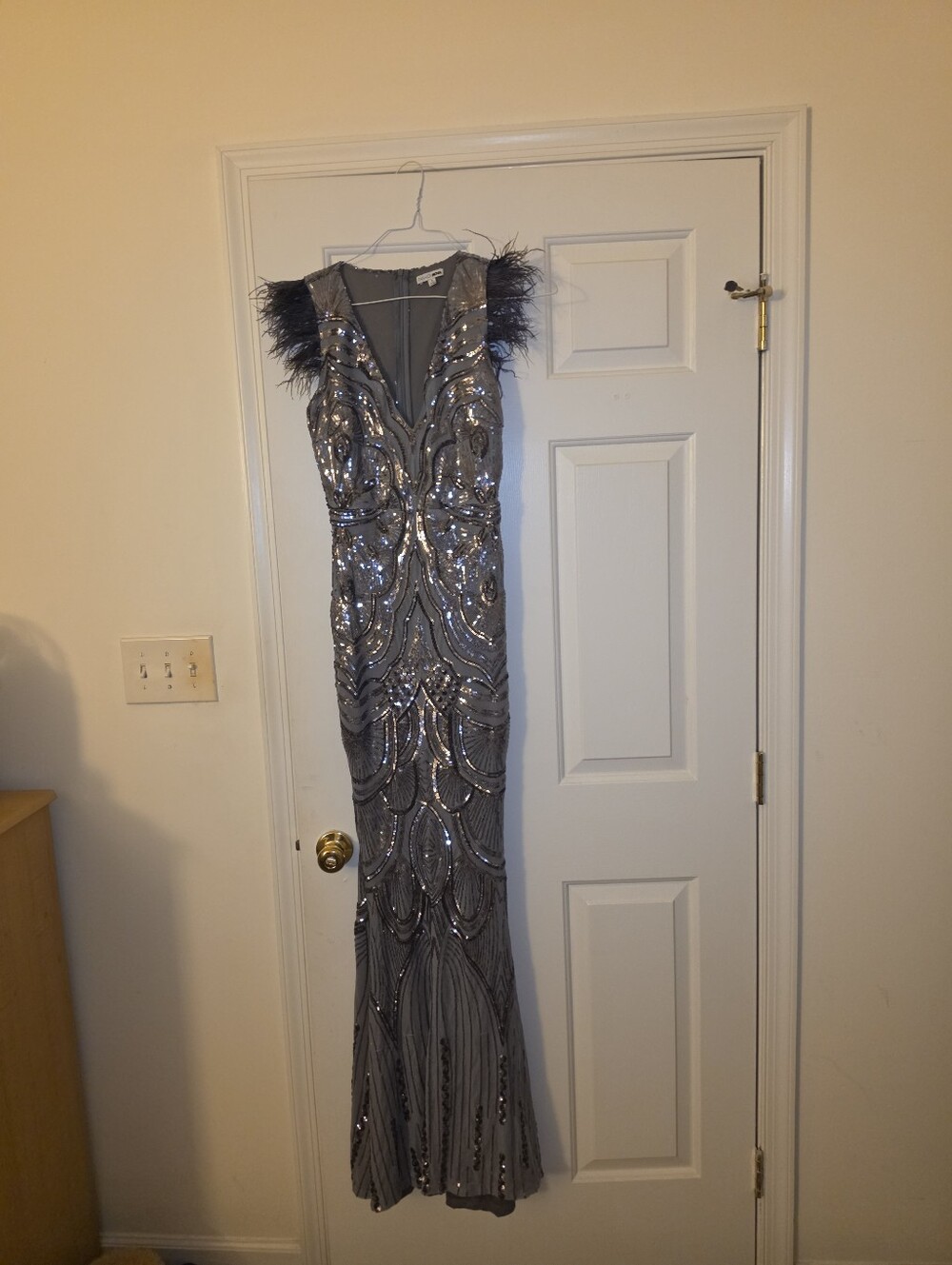 Silver Sequin Feather-Trim V-Neck Maxi Dress - Picture 5 of 6